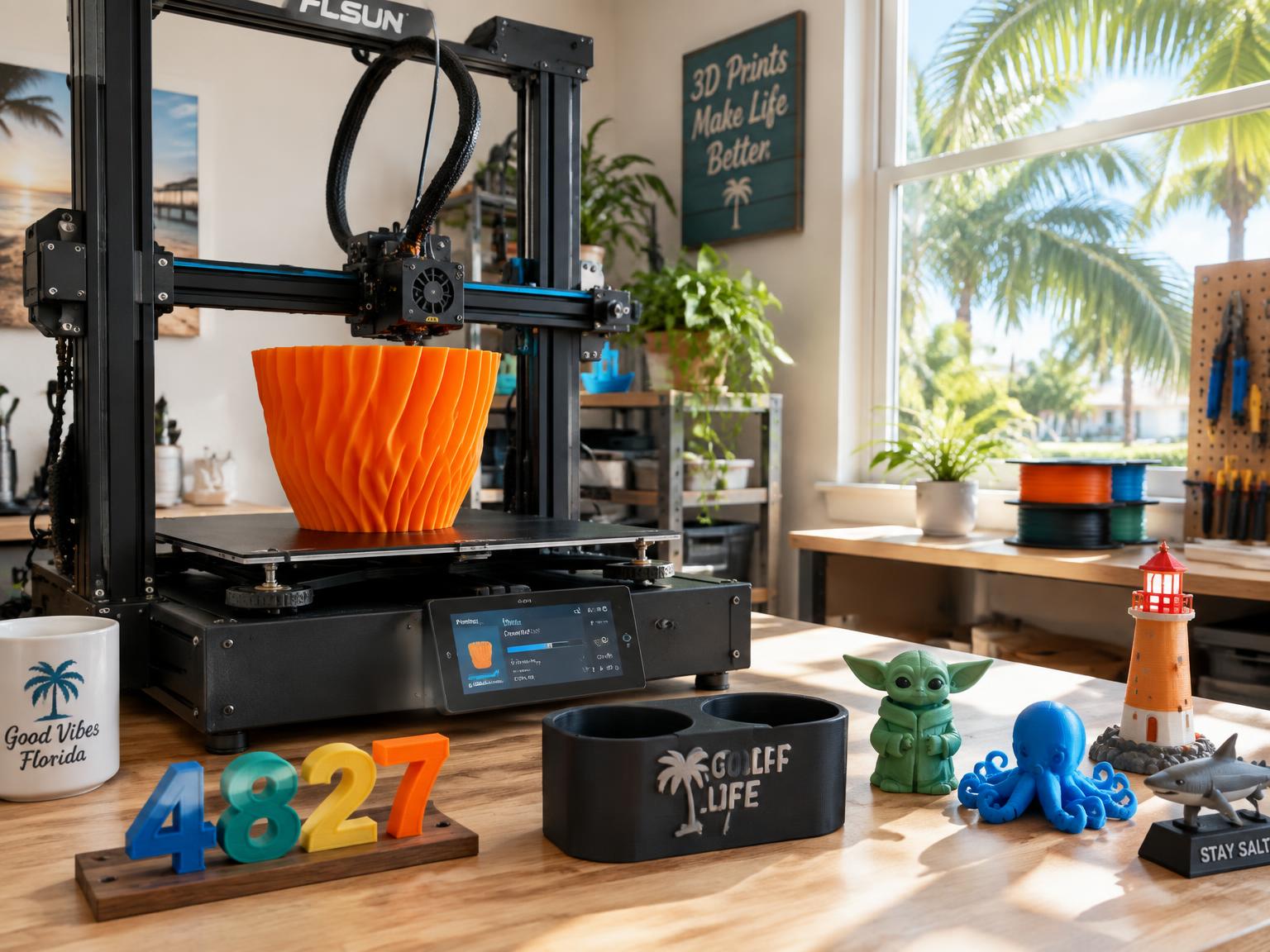 A 3D printer finishing an orange planter in a sunny home workshop, with printed address numbers and a golf-cart cup holder on the bench